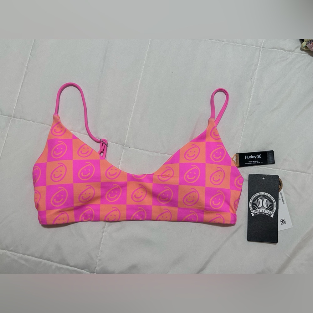 Hurley Pink and Orange Checkerboard Smiley Bikini Top